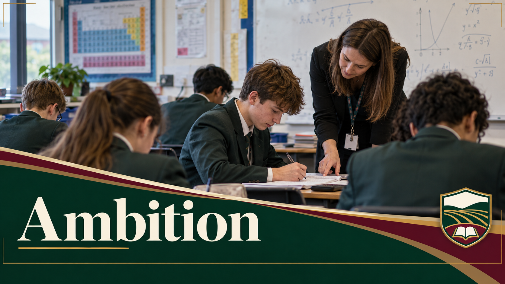 A pupil concentrating on challenging written work while a teacher offers guidance in a fictional classroom.