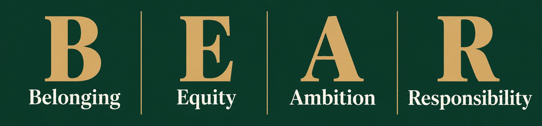Fallowmere's BEAR values: Belonging, Equity, Ambition, Responsibility, set on a forest-green banner.