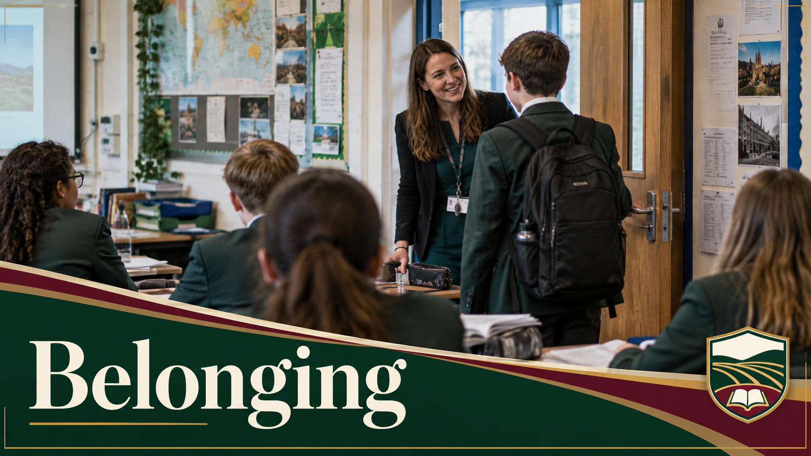 Teacher welcoming a pupil into an ordinary secondary classroom at the fictional Fallowmere Academy.