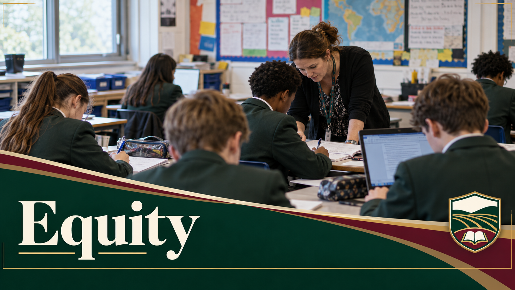 Pupils working with notebooks and a laptop as a teacher supports learning in a fictional secondary classroom.