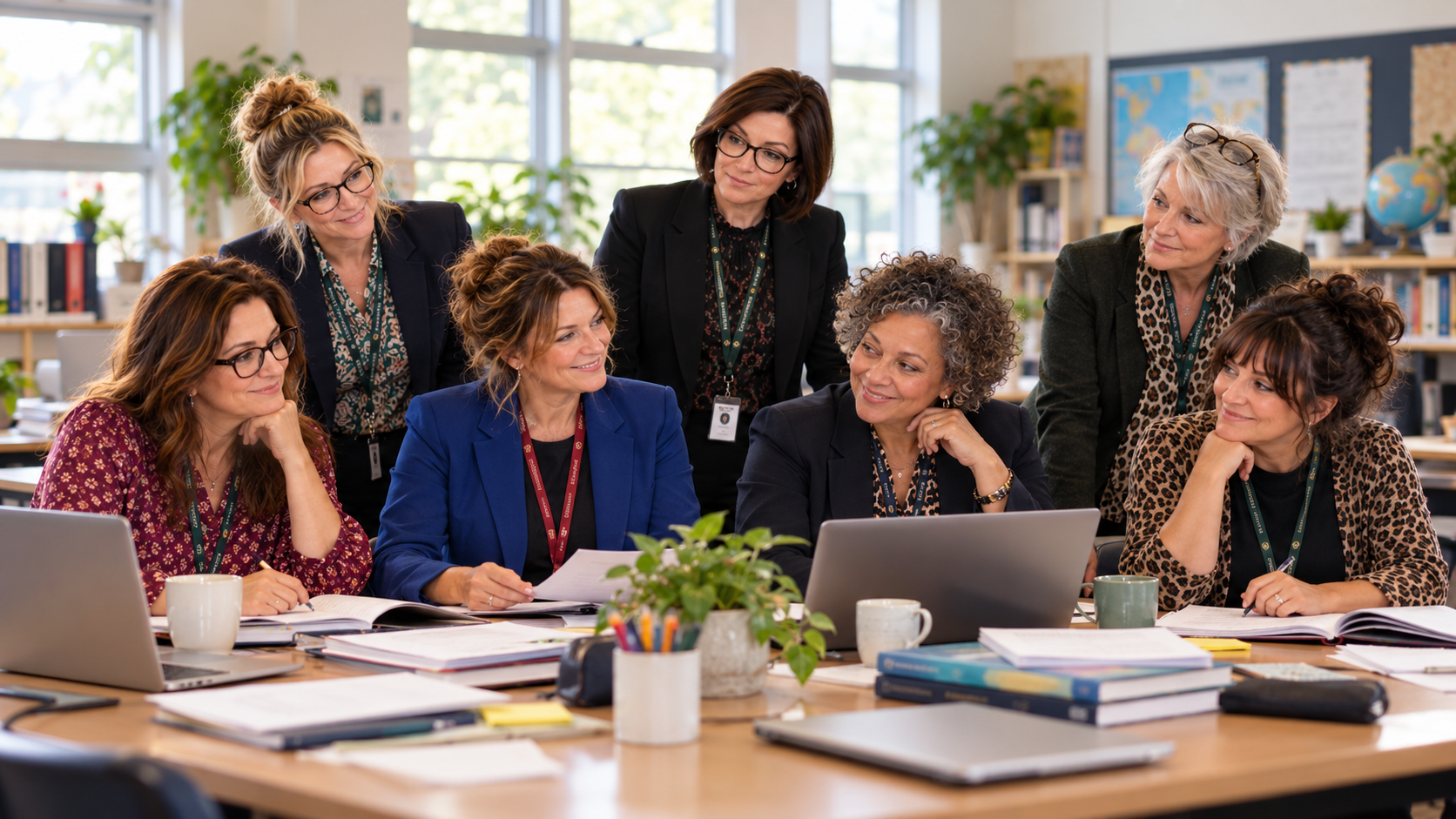 Seven fictional Fallowmere Academy colleagues working together around a staffroom table.