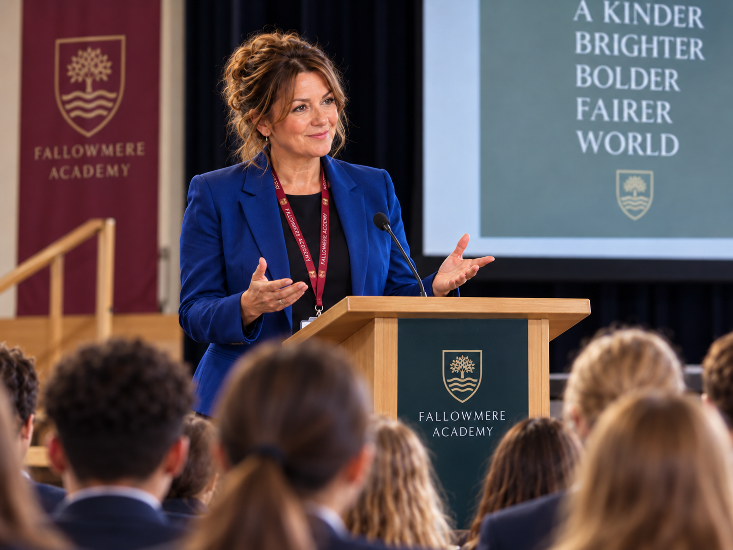 Fictional headteacher Miss Leading speaking at an assembly at Fallowmere Academy.